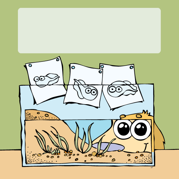 Scopey the dog looking at an aquarium filled with tadpoles